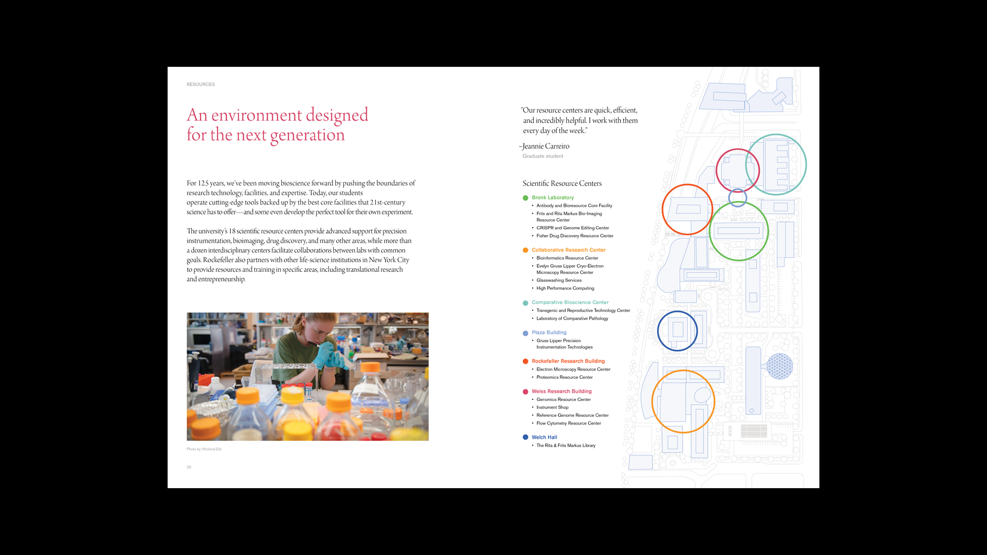 Another interior spread illustrates Rockefeller University's state-of-the-art facilities and their locations.